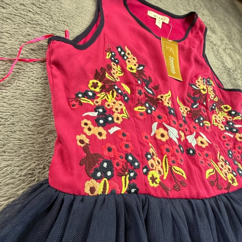 Mi Ami Embroidered Floral Dress S Sleeveless Pink Navy Tulle A-Line NWT - Picture 7 of 9